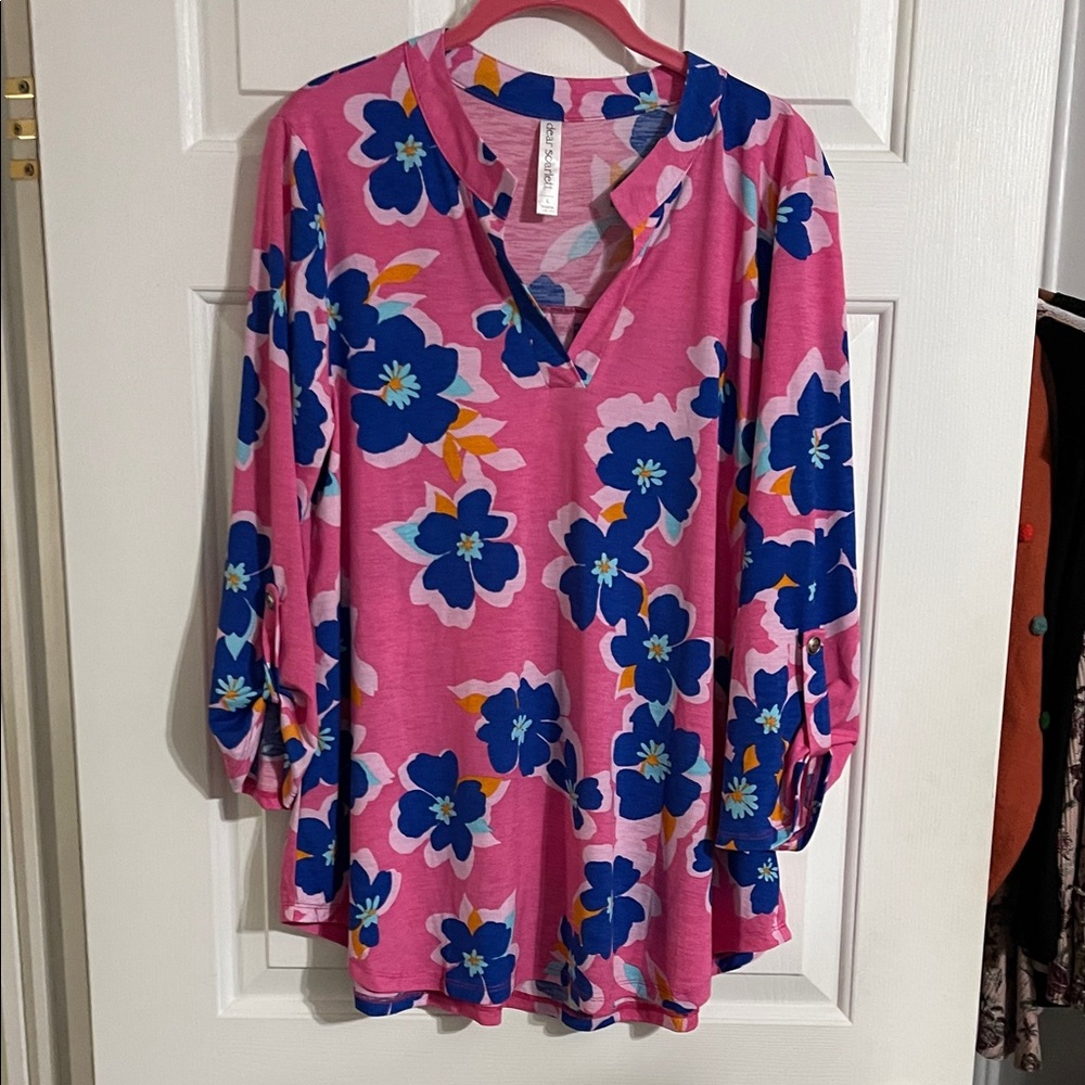 Bright Pink Floral V-Neck Tunic with Bold Blue Blooms